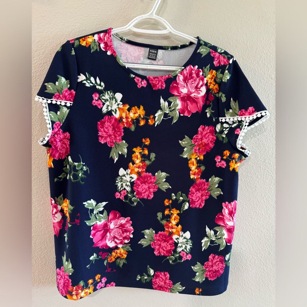 Navy Floral Short-Sleeve Top with Pink & Yellow Blooms, Sz XL
